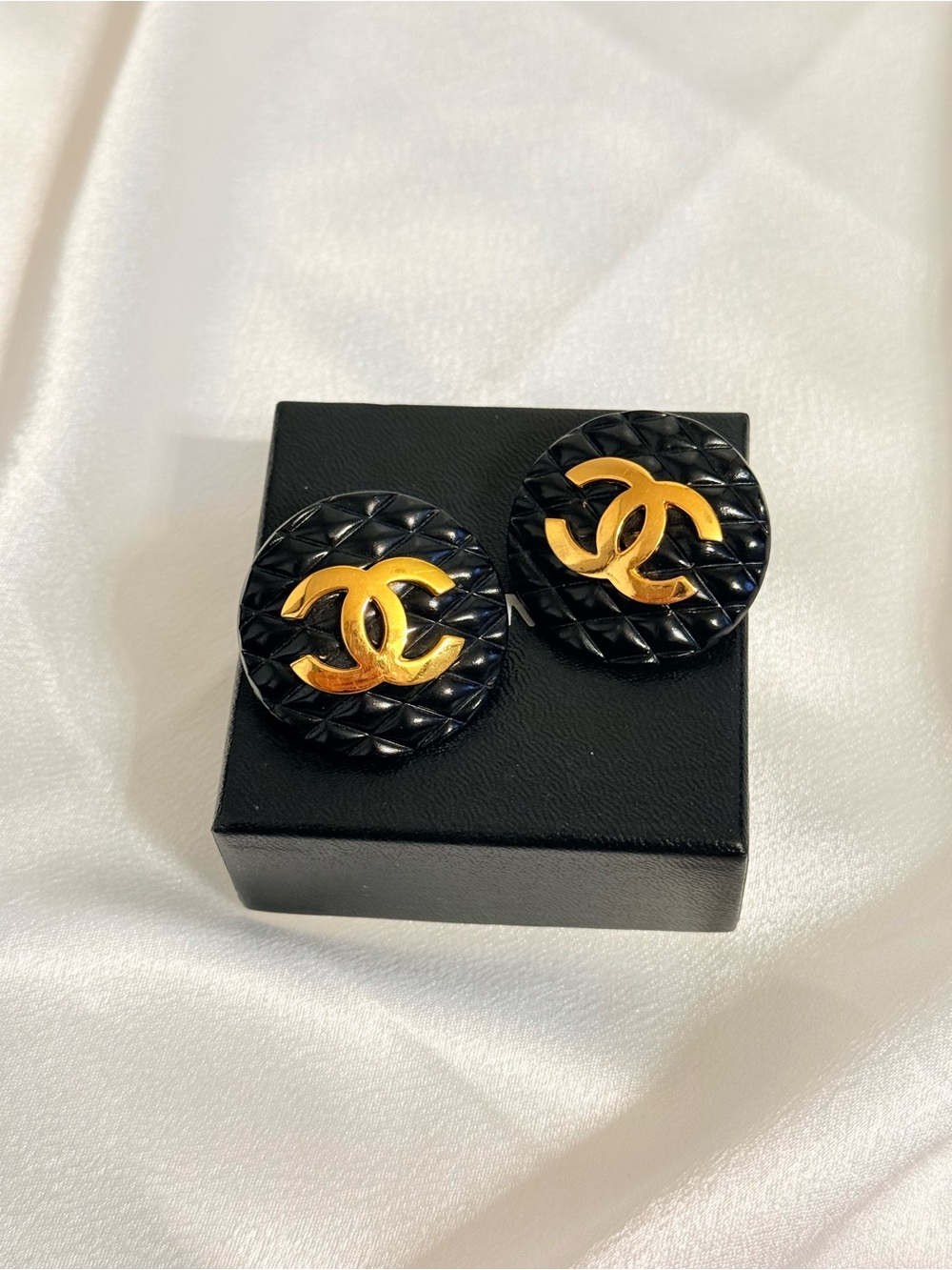 Chanel Vintage Large Black Quilted CC Clip-On Statement Earrings